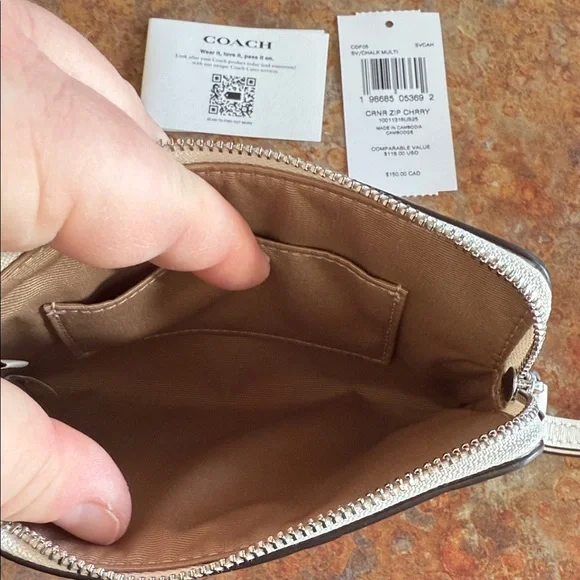 Black Coach Corner Zip Wristlet With Cherry Print - Picture 3 of 3